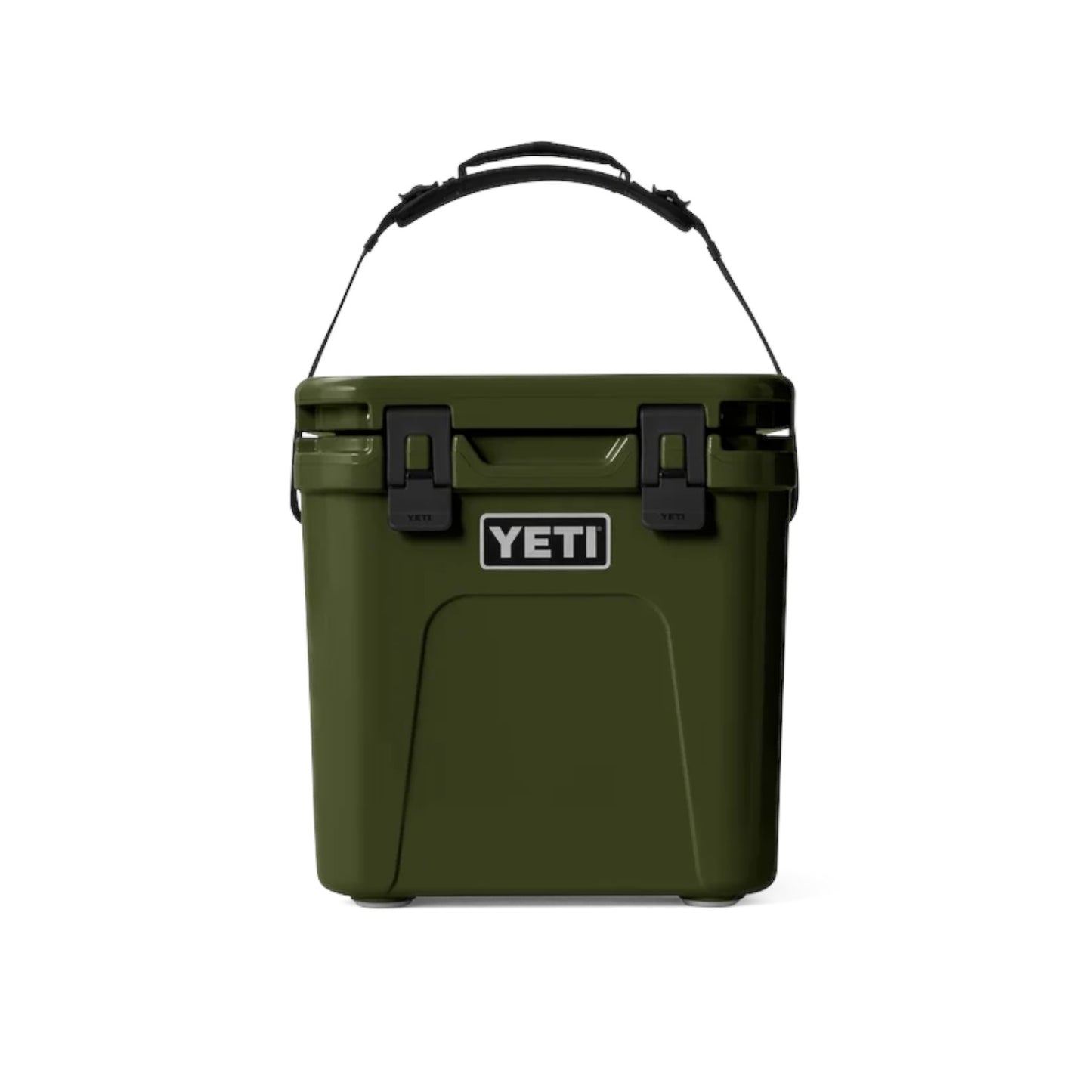 An olive green YETI hard-sided cooler with a black carrying handle and black latches, shown against a plain white background.