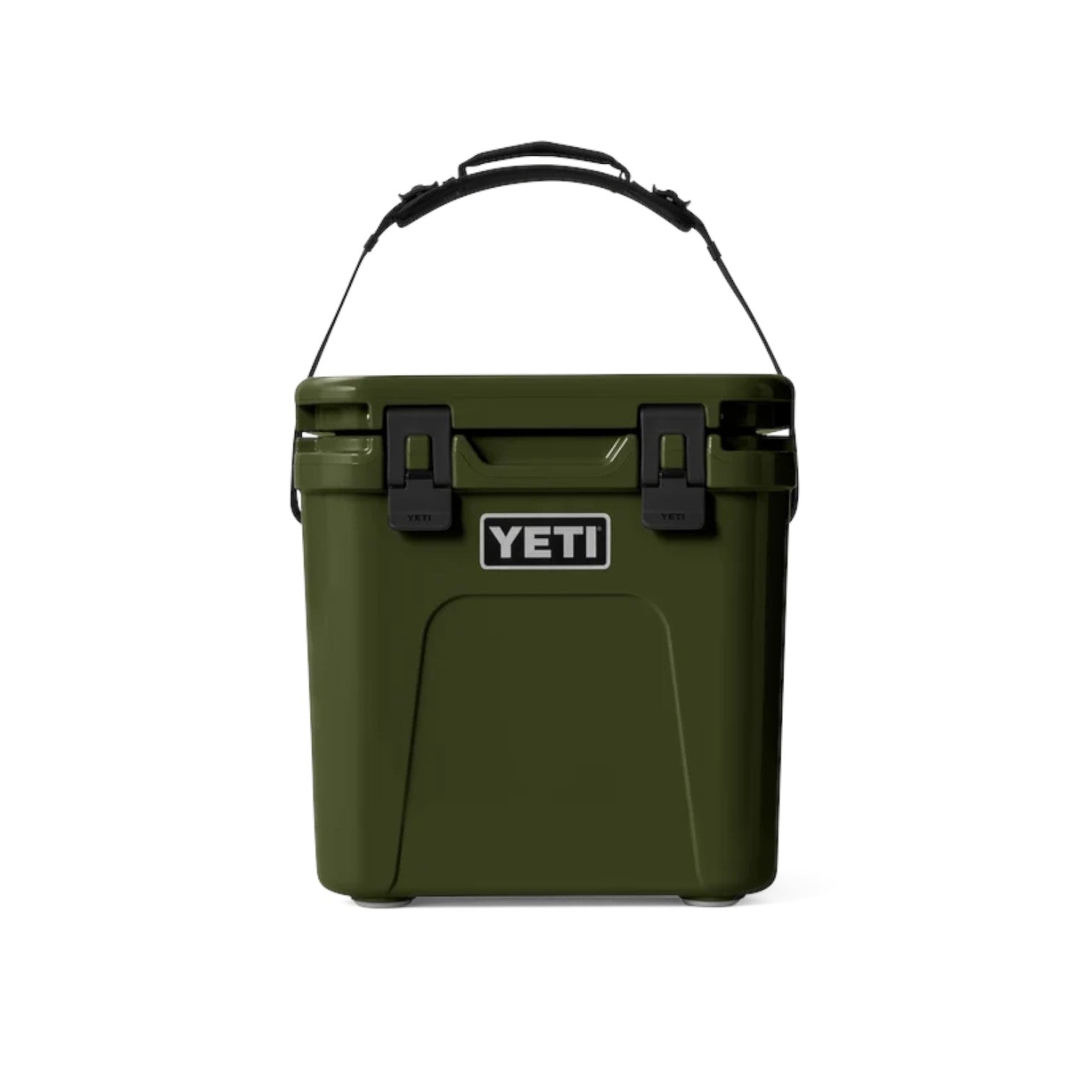 An olive green YETI hard-sided cooler with a black carrying handle and black latches, shown against a plain white background.