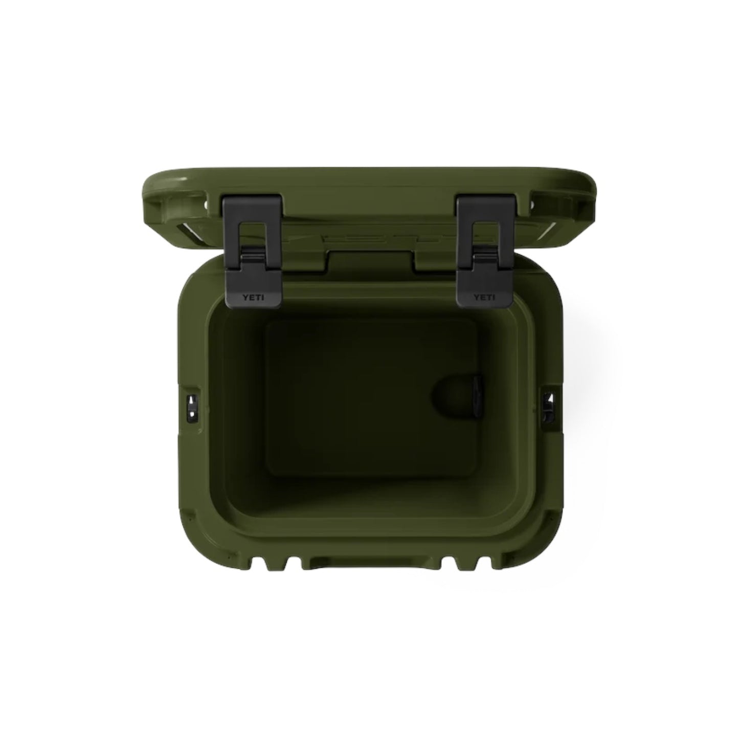 An olive green YETI cooler shown from a top-down perspective with the lid open, revealing the interior storage space and black latches on a solid white background.