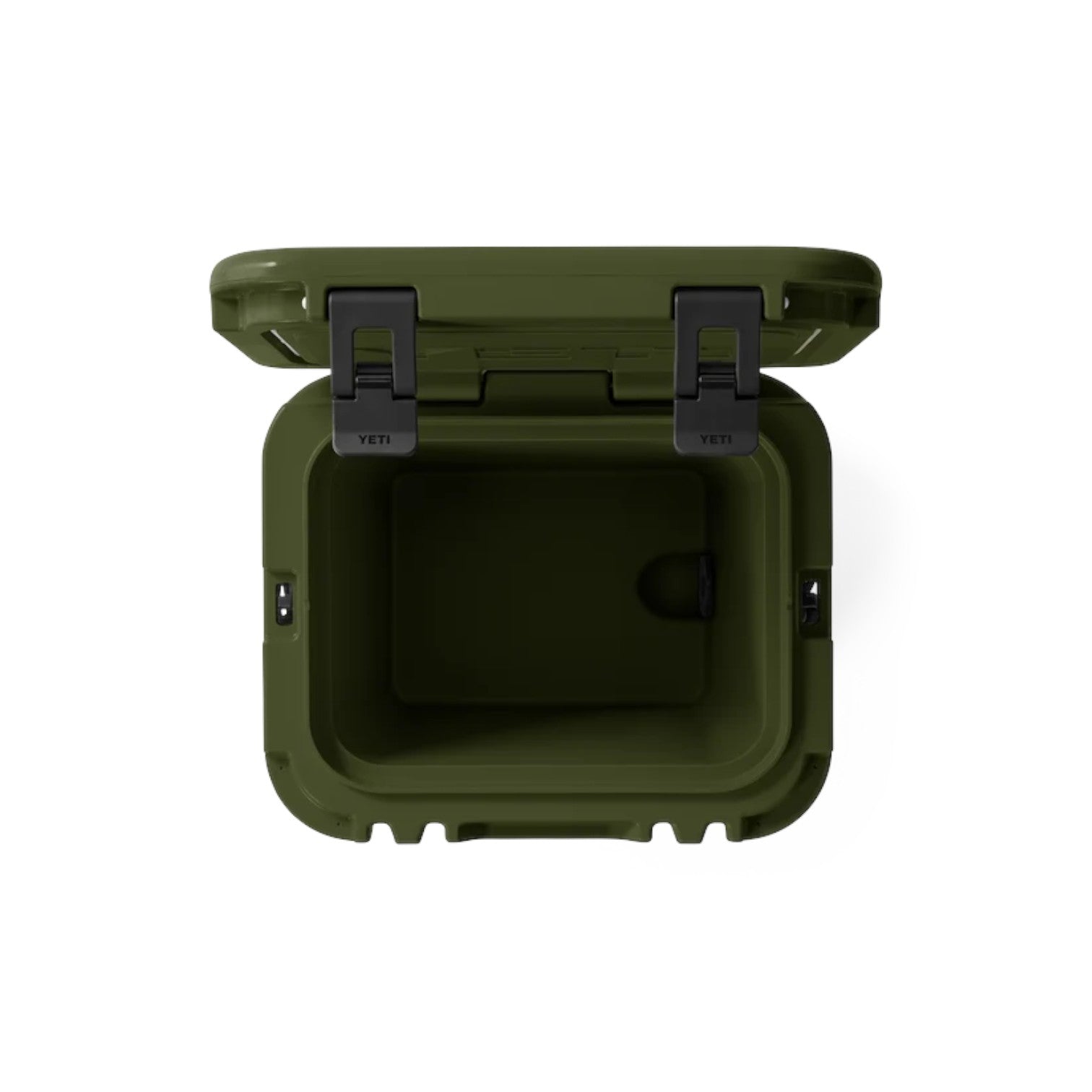 An olive green YETI cooler shown from a top-down perspective with the lid open, revealing the interior storage space and black latches on a solid white background.