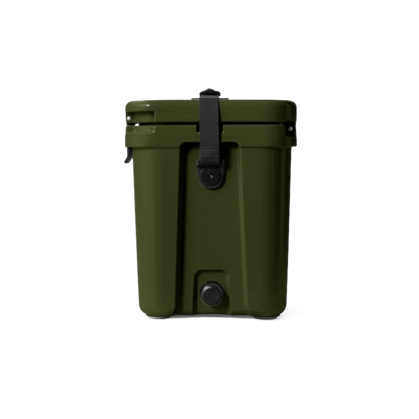 An olive green hard-sided cooler with a black carrying handle and a black drain valve, shown from the back against a plain white background.