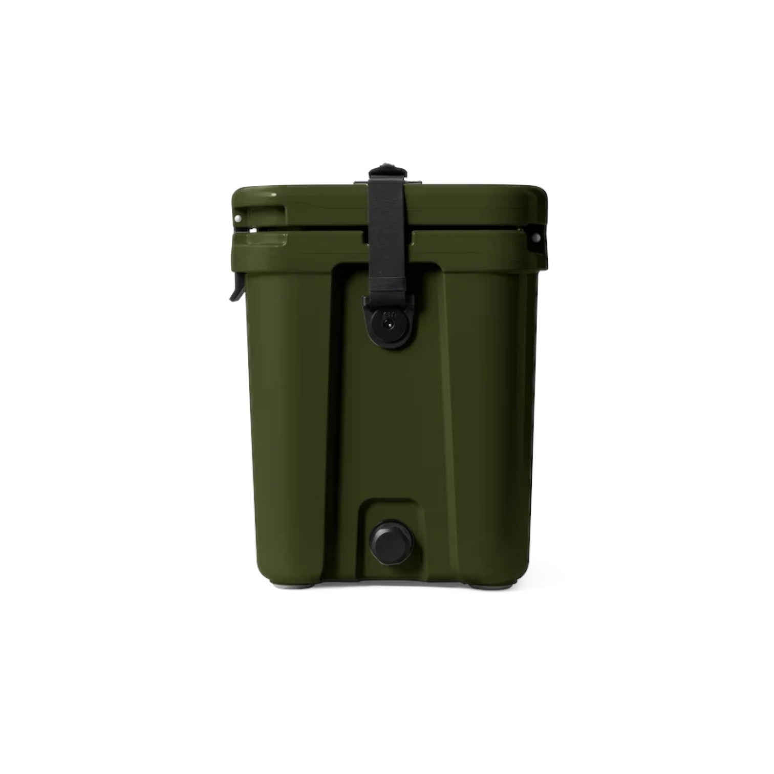 An olive green hard-sided cooler with a black carrying handle and a black drain valve, shown from the back against a plain white background.