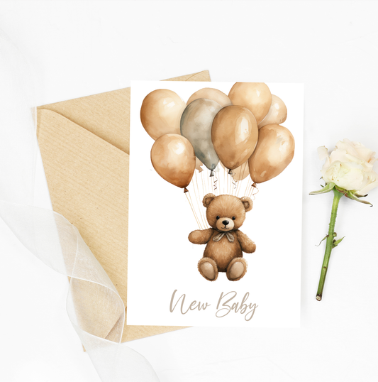 Teddy Bear Balloon Landing - New Baby Card: Celo wrapped