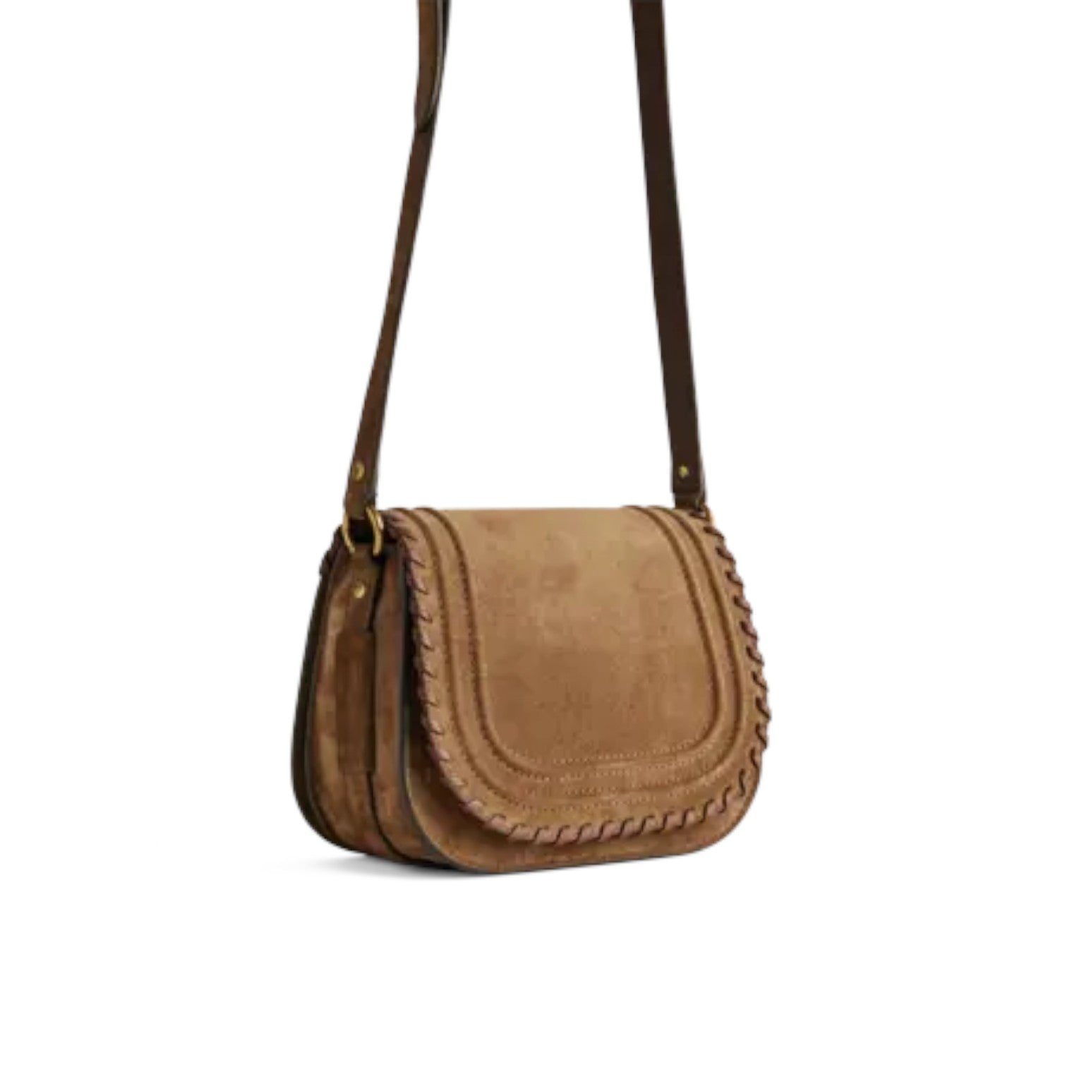 A brown suede crossbody bag with a curved flap, decorative whipstitching around the edges, and a matching brown shoulder strap, shown against a plain white background.