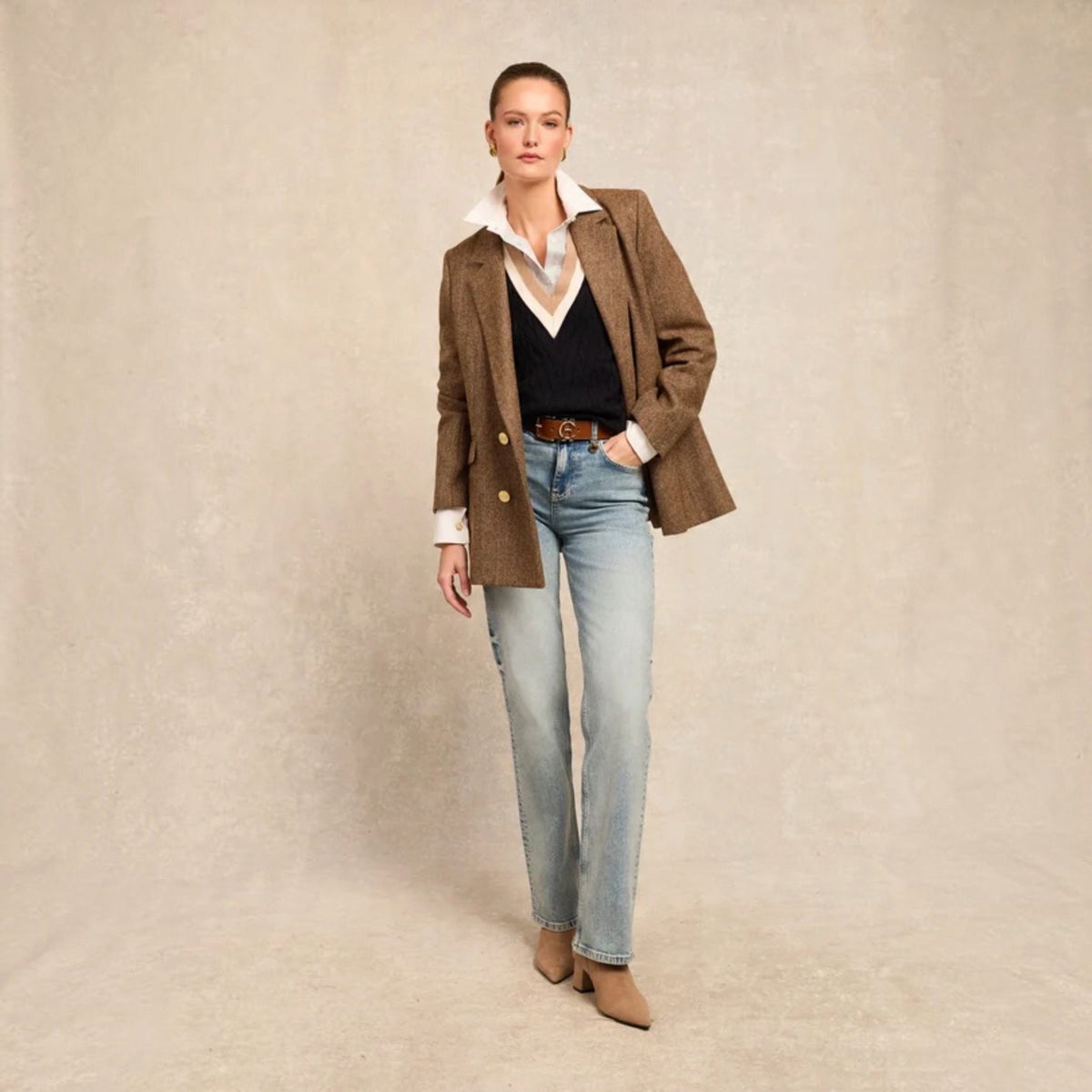 Holland Cooper Double Breasted Blazer Large Scale Brown Herringbone