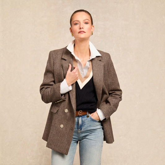 Holland Cooper Double Breasted Blazer Large Scale Brown Herringbone