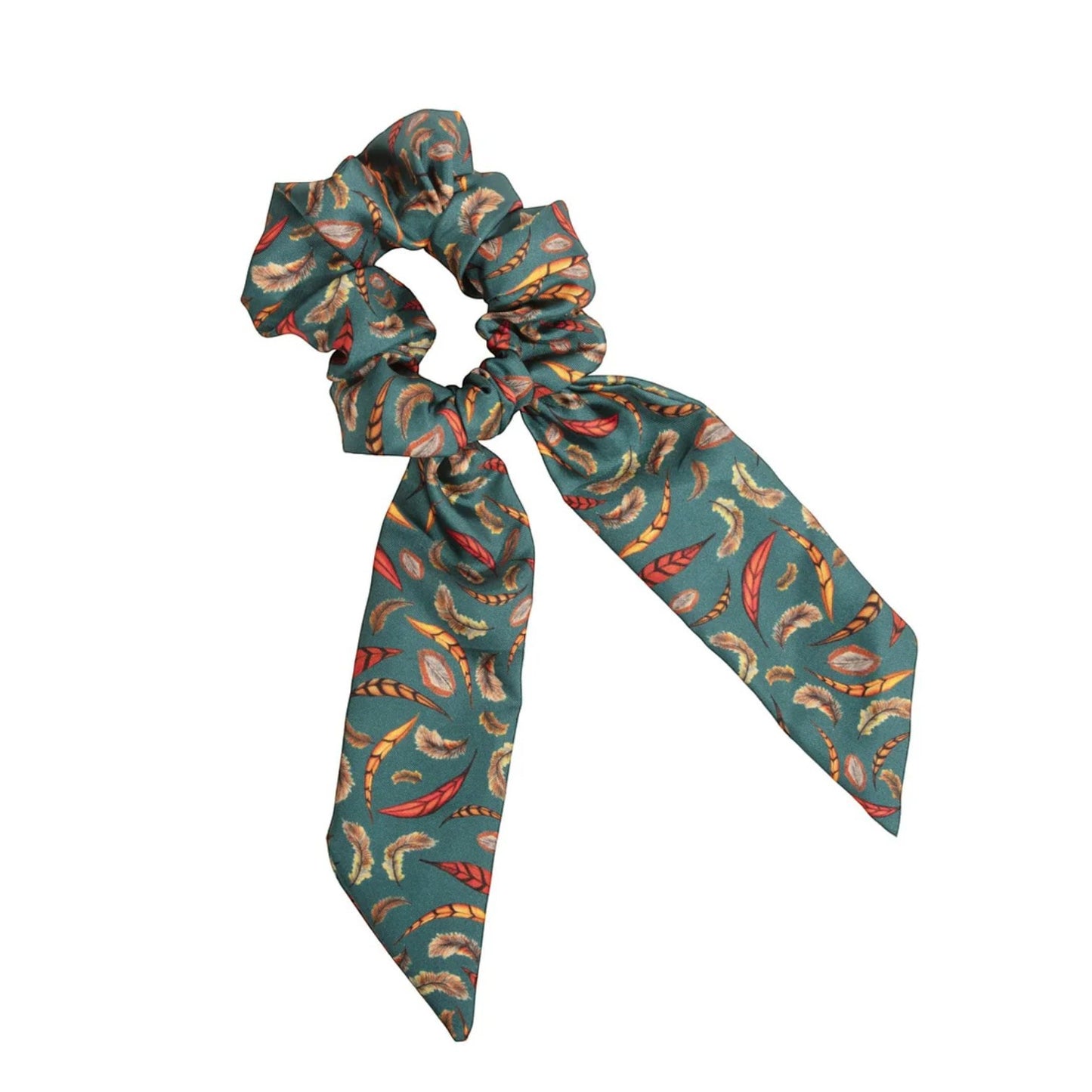 Teal scrunchie with colorful pattern on a white background
