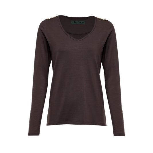 Holland Cooper Long Sleeve V-Neck Tee Coffee