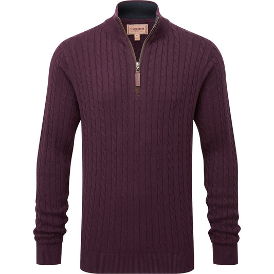 Schoffel Calton Cotton Cashmere Cable 1/4 Zip Jumper Wine