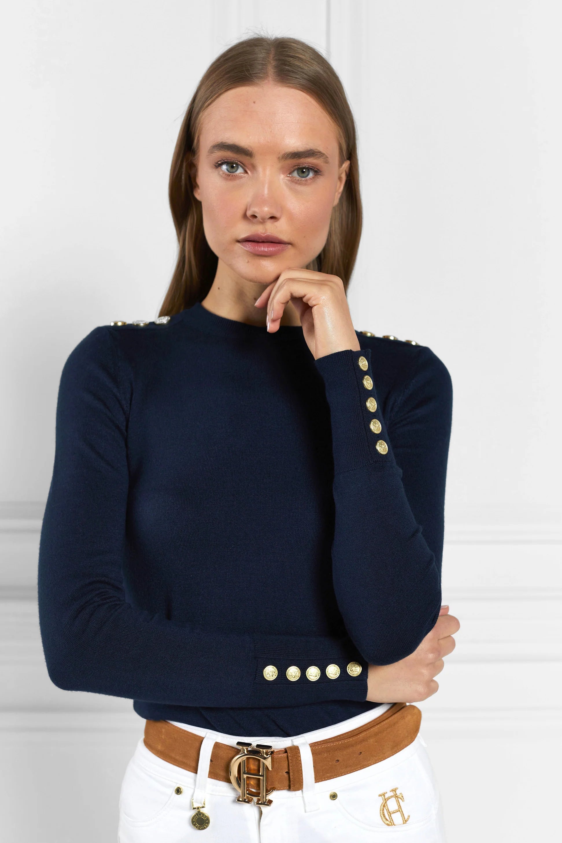 Holland Cooper Buttoned Knit Crew Neck Ink Navy