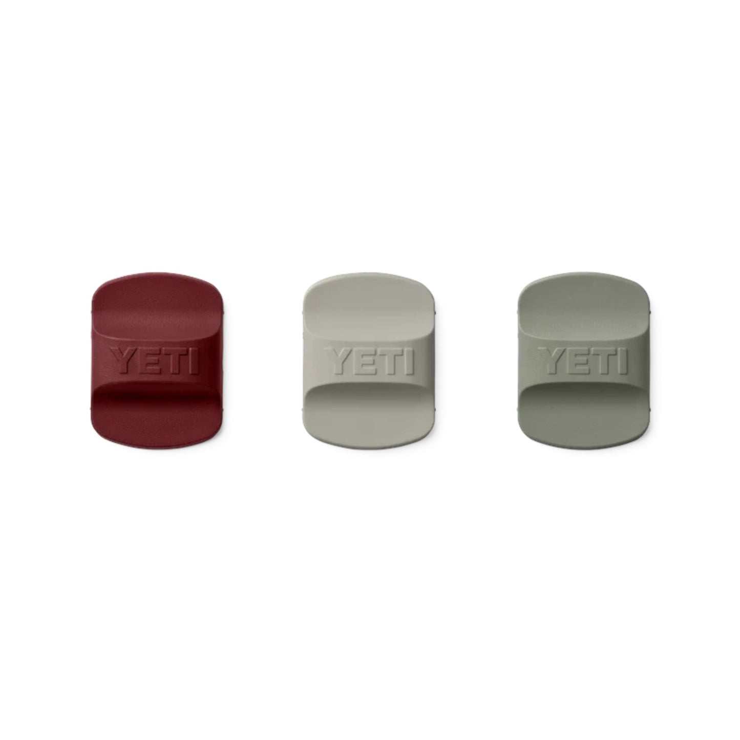 Three YETI slide water bottles in burgundy, light gray, and sage green, arranged horizontally on a plain white background.