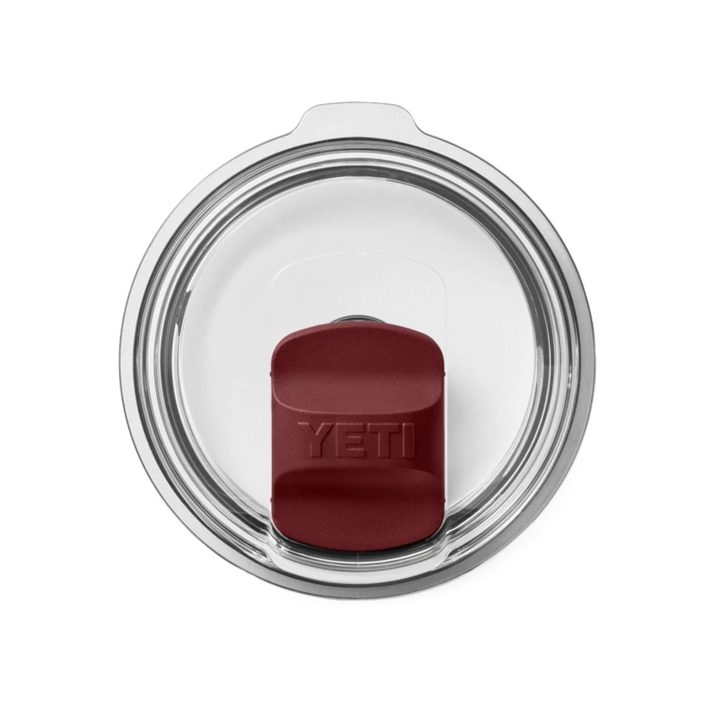 Top-down view of a YETI insulated tumbler lid with a clear plastic rim and a burgundy silicone spill-resistant straw cover, shown on a white background.