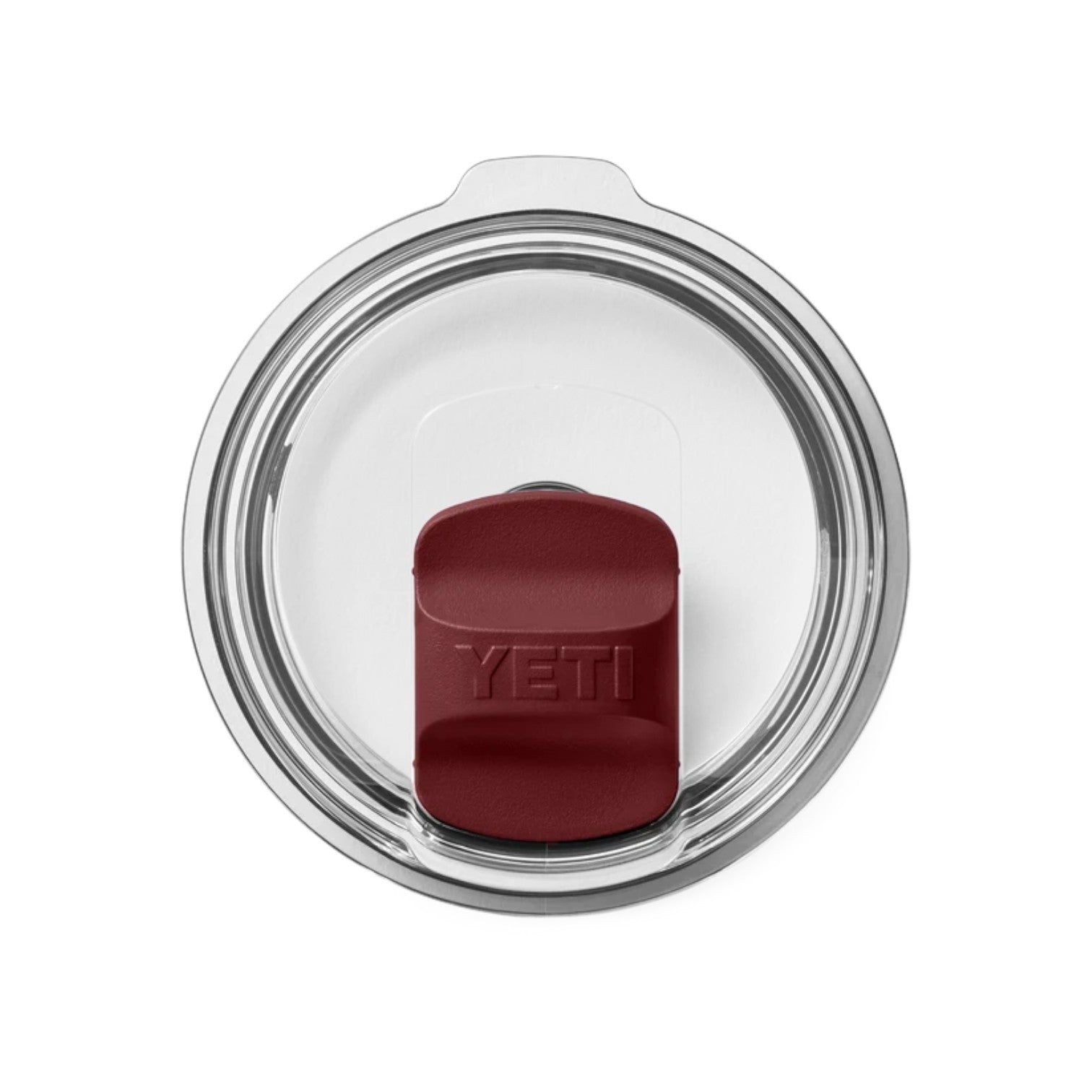 Top-down view of a YETI insulated tumbler lid with a clear plastic rim and a burgundy silicone spill-resistant straw cover, shown on a white background.