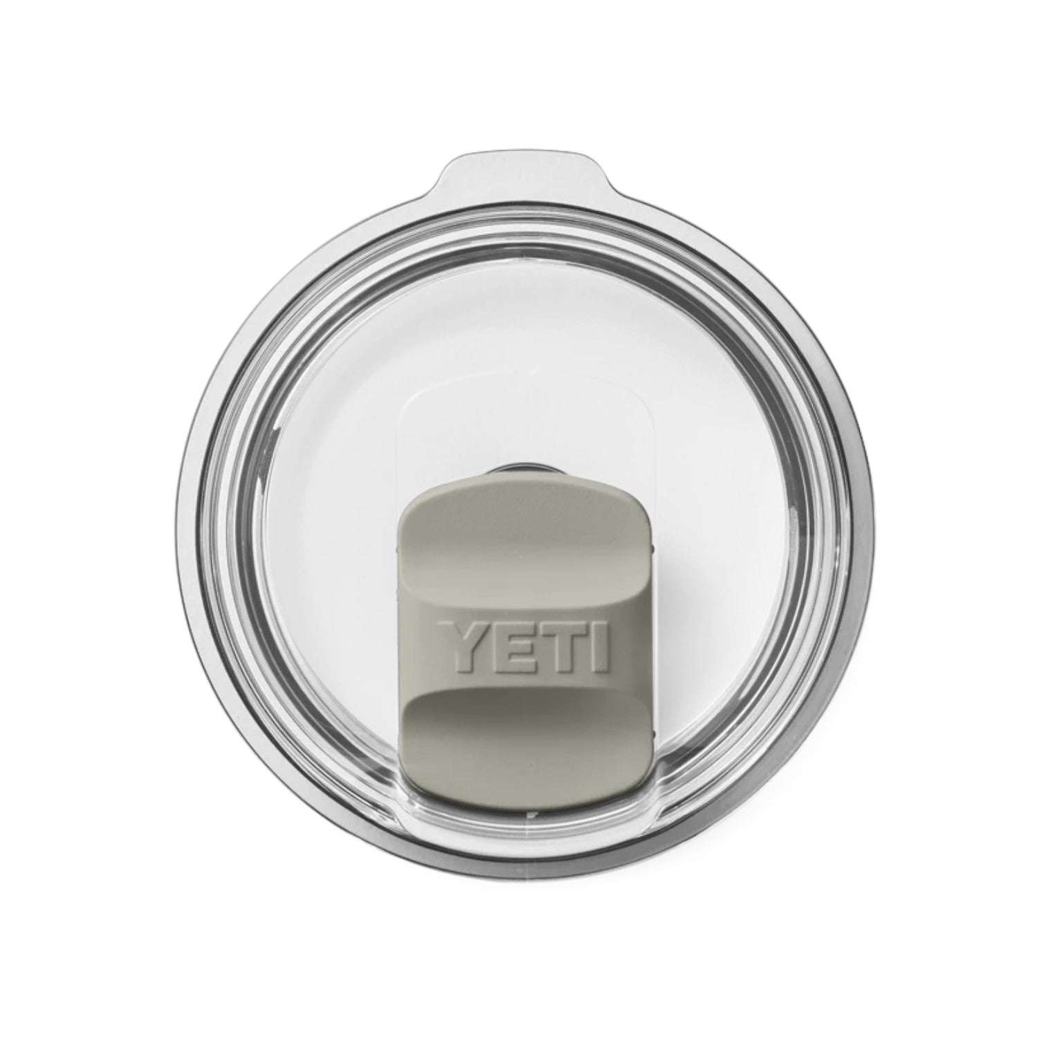 Top-down view of a YETI clear travel lid with a light gray flip-top spout on a white background.