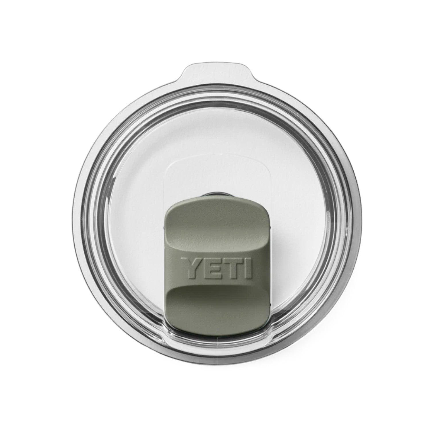 Top-down view of a YETI tumbler lid in clear plastic with a muted sage green flip-straw cap and a silver metal rim, on a white background.