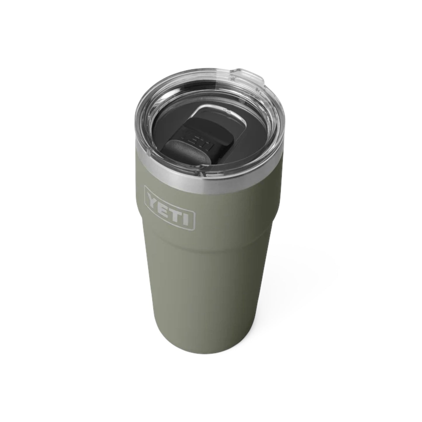 A YETI insulated travel tumbler in matte olive green, featuring a clear lid with a black flip-top insert and a silver rim, shown on a plain white background.