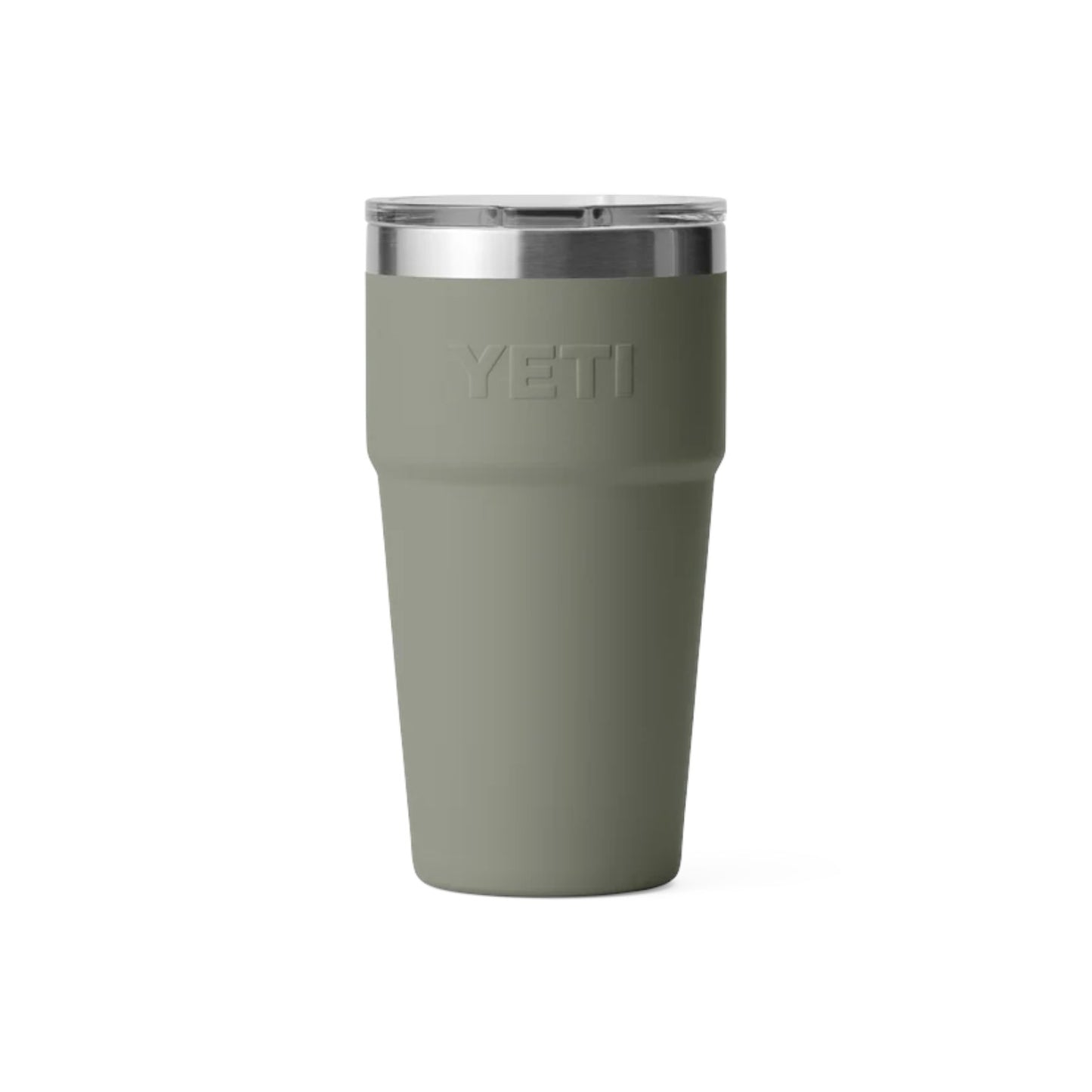 A matte sage green YETI travel tumbler with a stainless steel rim and a clear lid, shown on a solid white background.