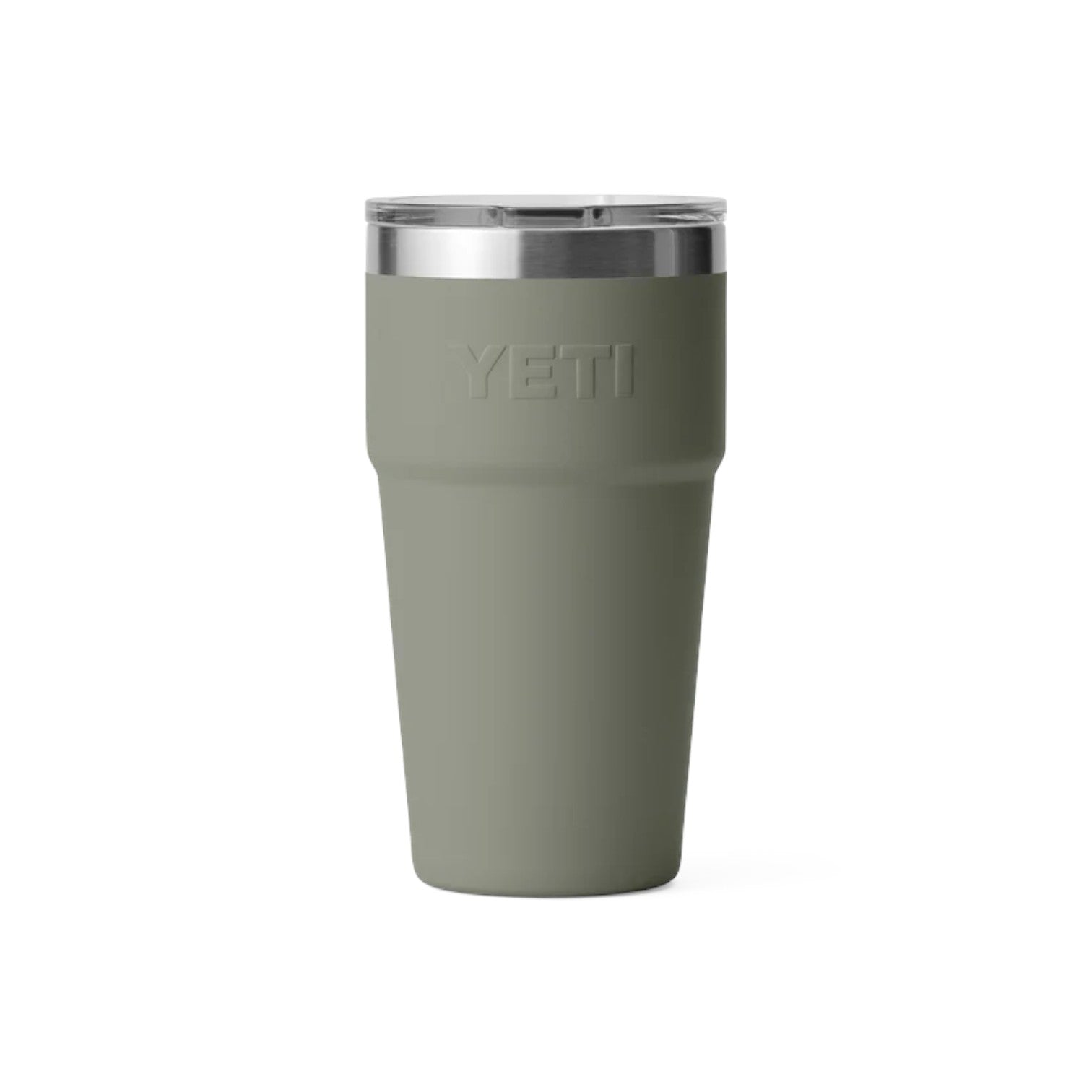 A matte sage green YETI travel tumbler with a stainless steel rim and a clear lid, shown on a solid white background.