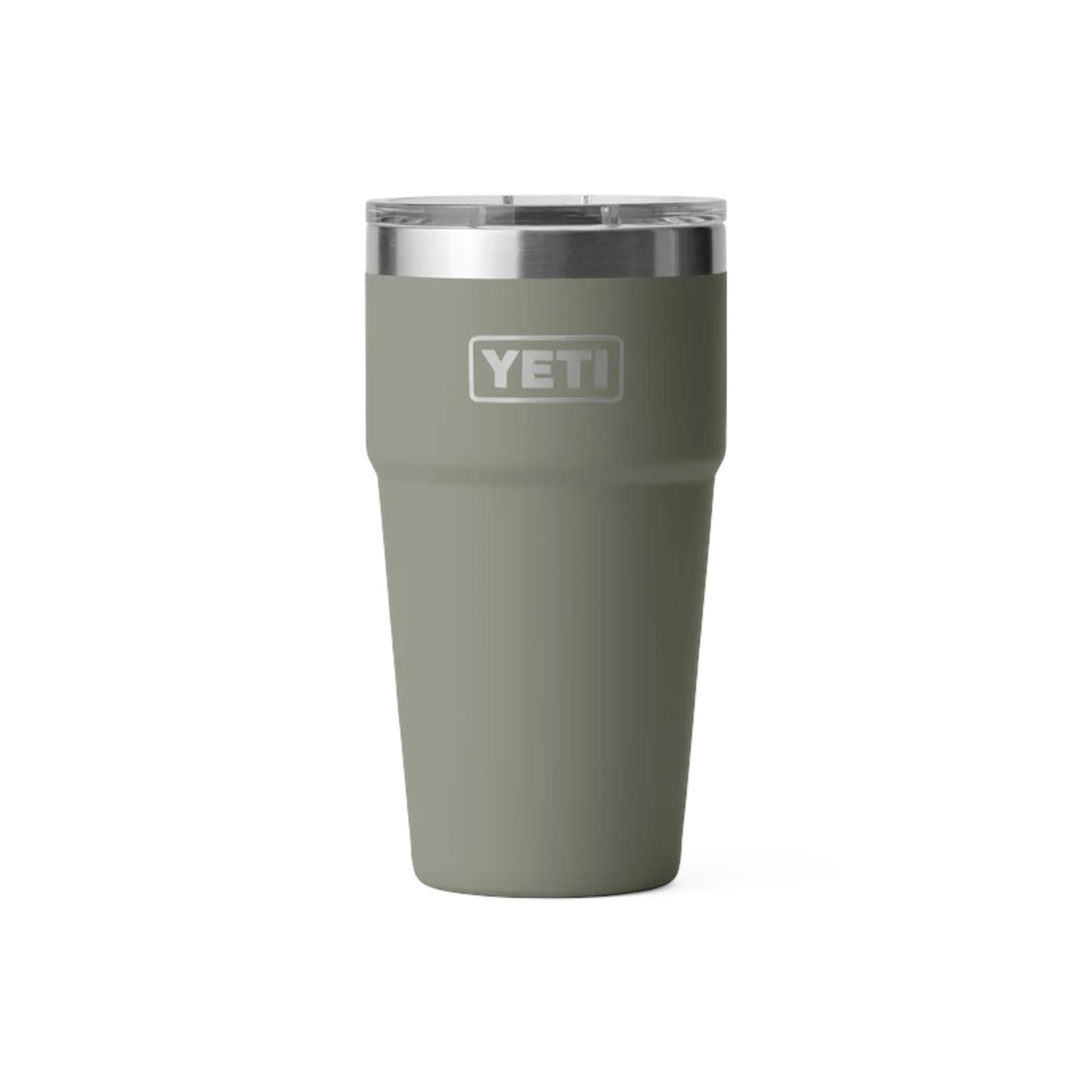 A matte sage green YETI insulated tumbler with a clear lid and a silver stainless steel rim, shown on a plain white background.