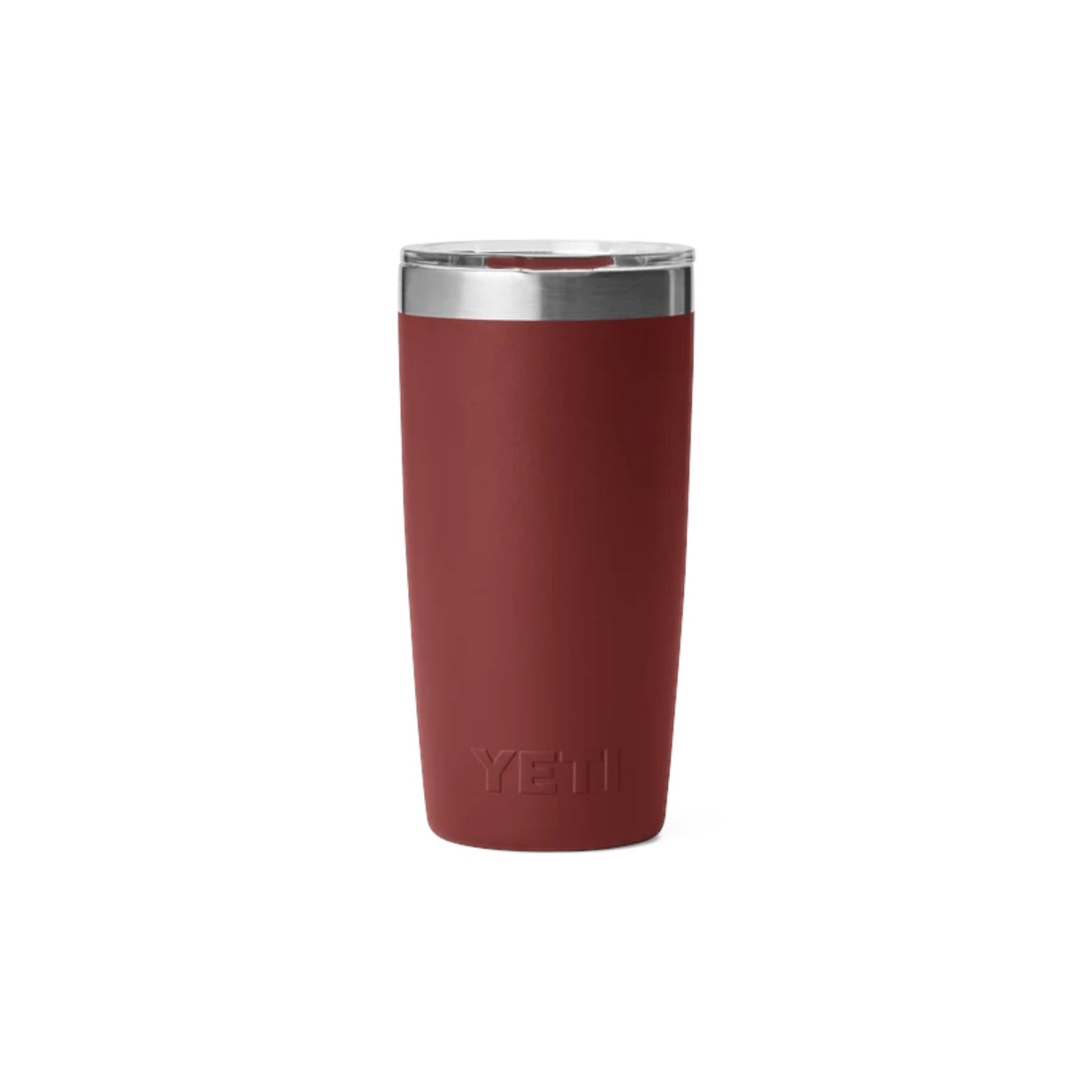 A matte dark red insulated tumbler with a stainless steel rim and lid, featuring the embossed YETI logo near the base, shown on a plain white background.