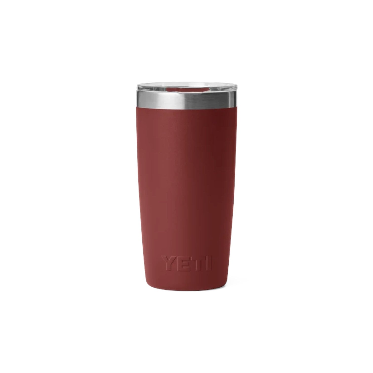 A matte dark red insulated tumbler with a stainless steel rim and lid, featuring the embossed YETI logo near the base, shown on a plain white background.