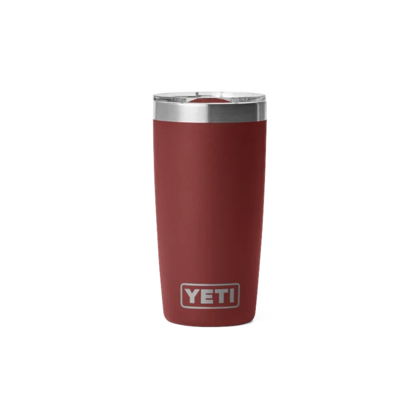 A YETI 20 oz vacuum-insulated tumbler in matte burgundy red with a stainless steel rim and lid, featuring the YETI logo on the front, set against a plain white background.