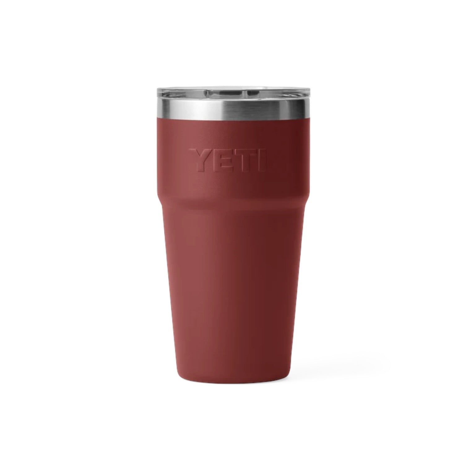 A YETI insulated travel tumbler in matte burgundy with a stainless steel lid, shown on a clean white background.
