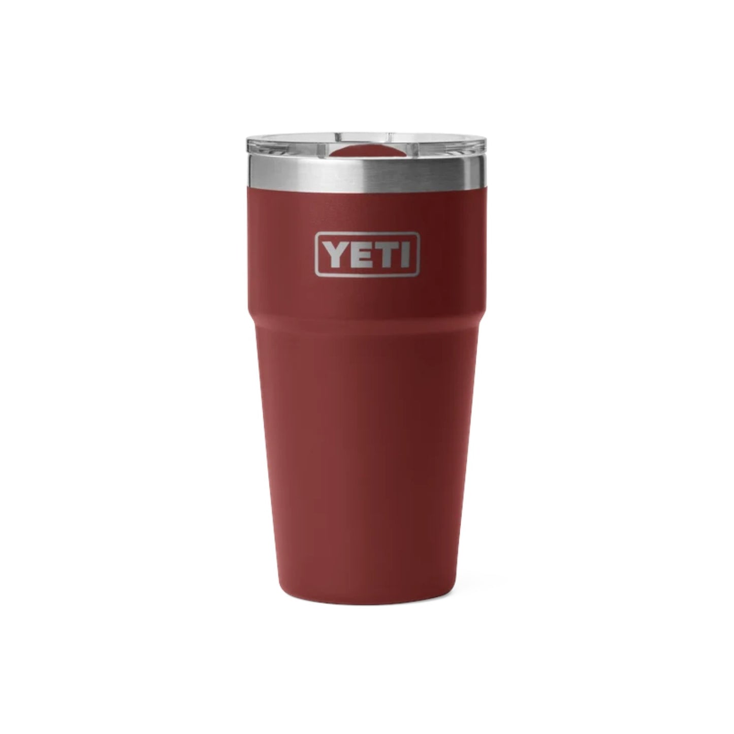 A YETI insulated travel tumbler in matte burgundy red with a silver stainless steel rim and a clear lid, shown on a plain white background.