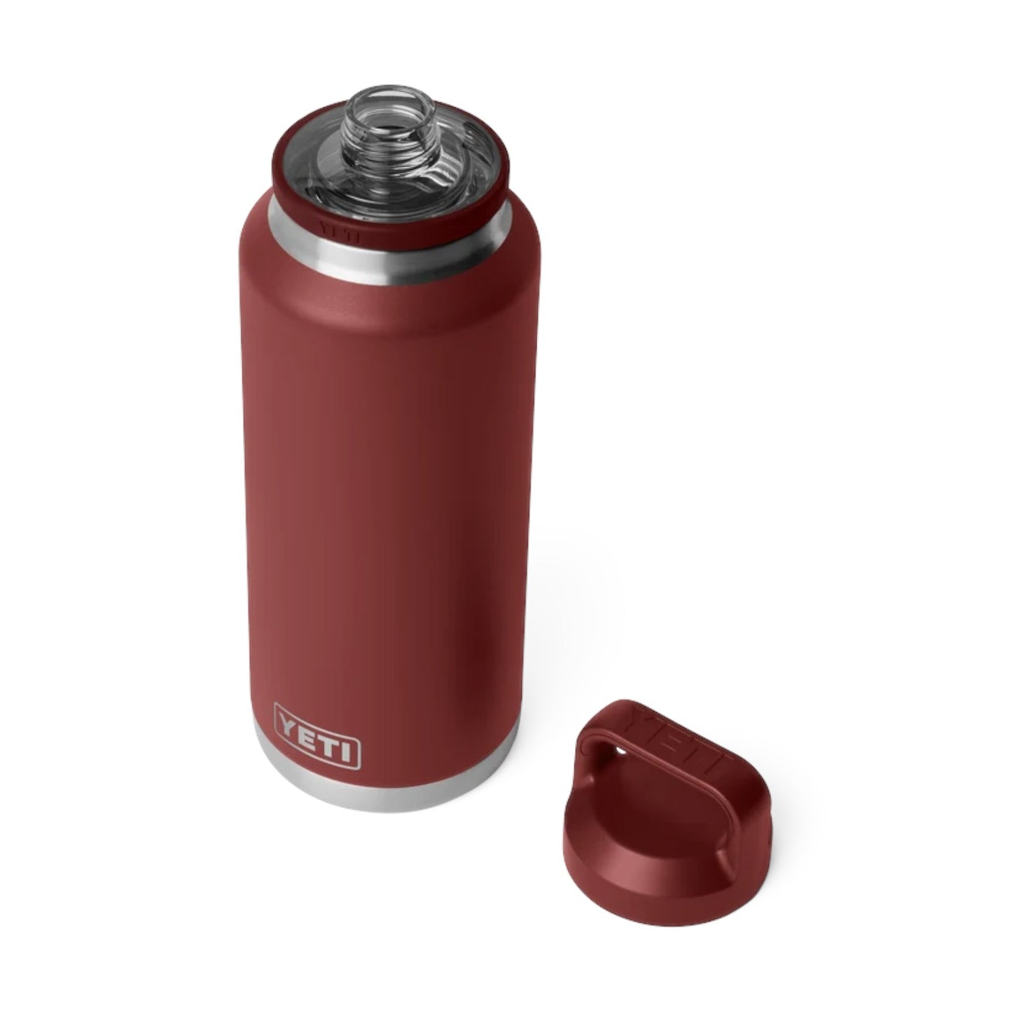 A YETI insulated water bottle in a deep burgundy red color, shown with its matching screw-on lid placed beside it on a clean white background.