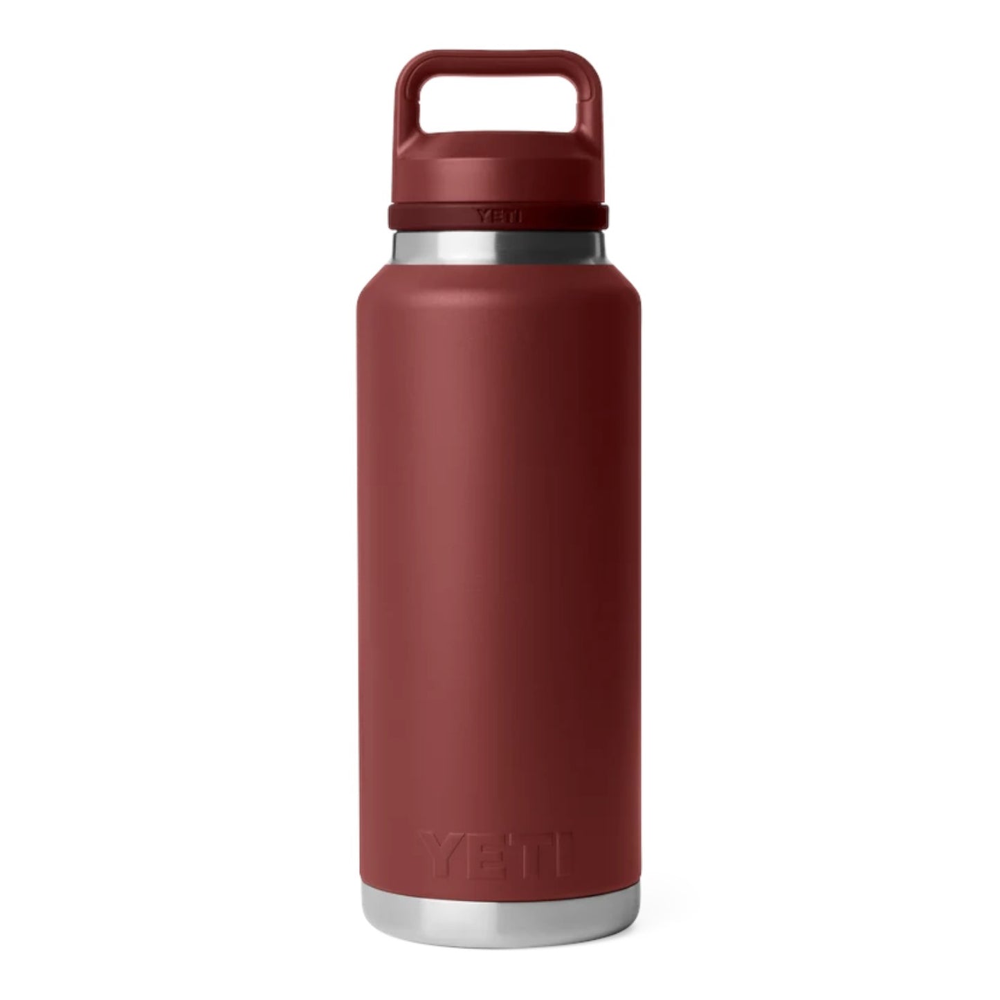 A YETI insulated water bottle in a matte burgundy red color, featuring a matching red lid with a built-in carrying loop and a silver stainless steel rim at the base.