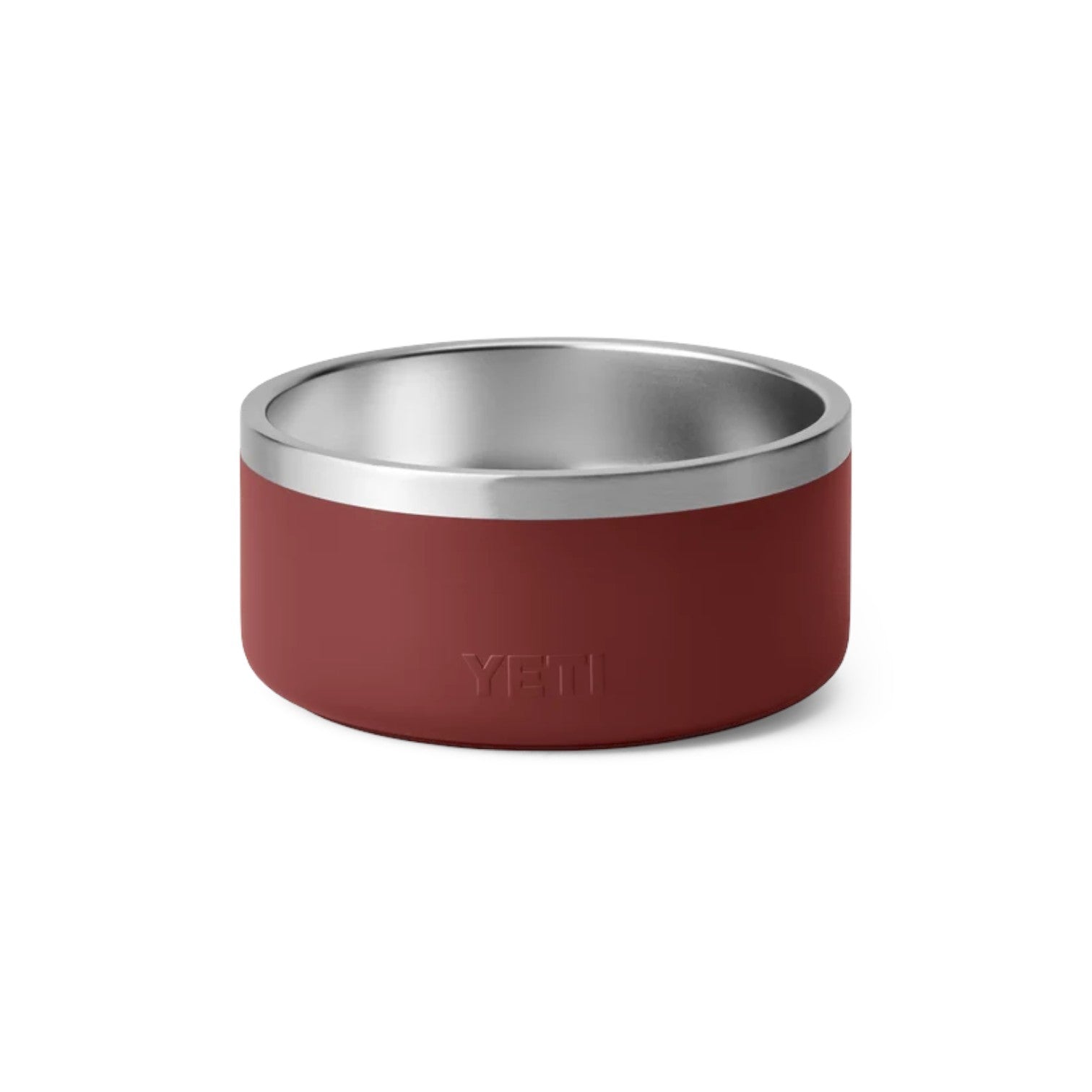 A YETI insulated pet bowl with a matte burgundy red exterior and a polished stainless steel interior, shown on a clean white background.