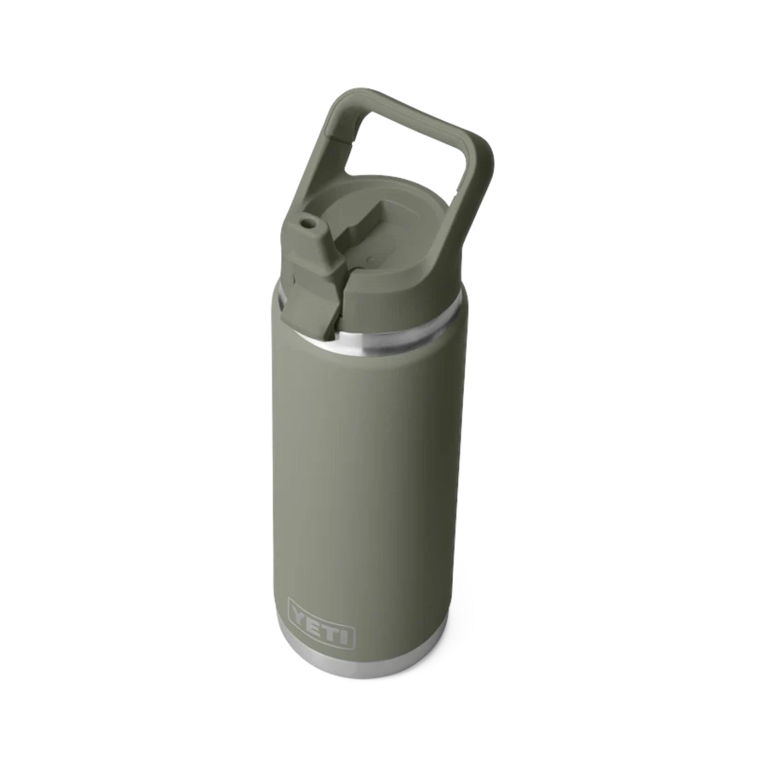 A YETI insulated water bottle in a muted sage green color, featuring a matching green lid with a carrying loop and a silver metallic base, shown on a plain white background.