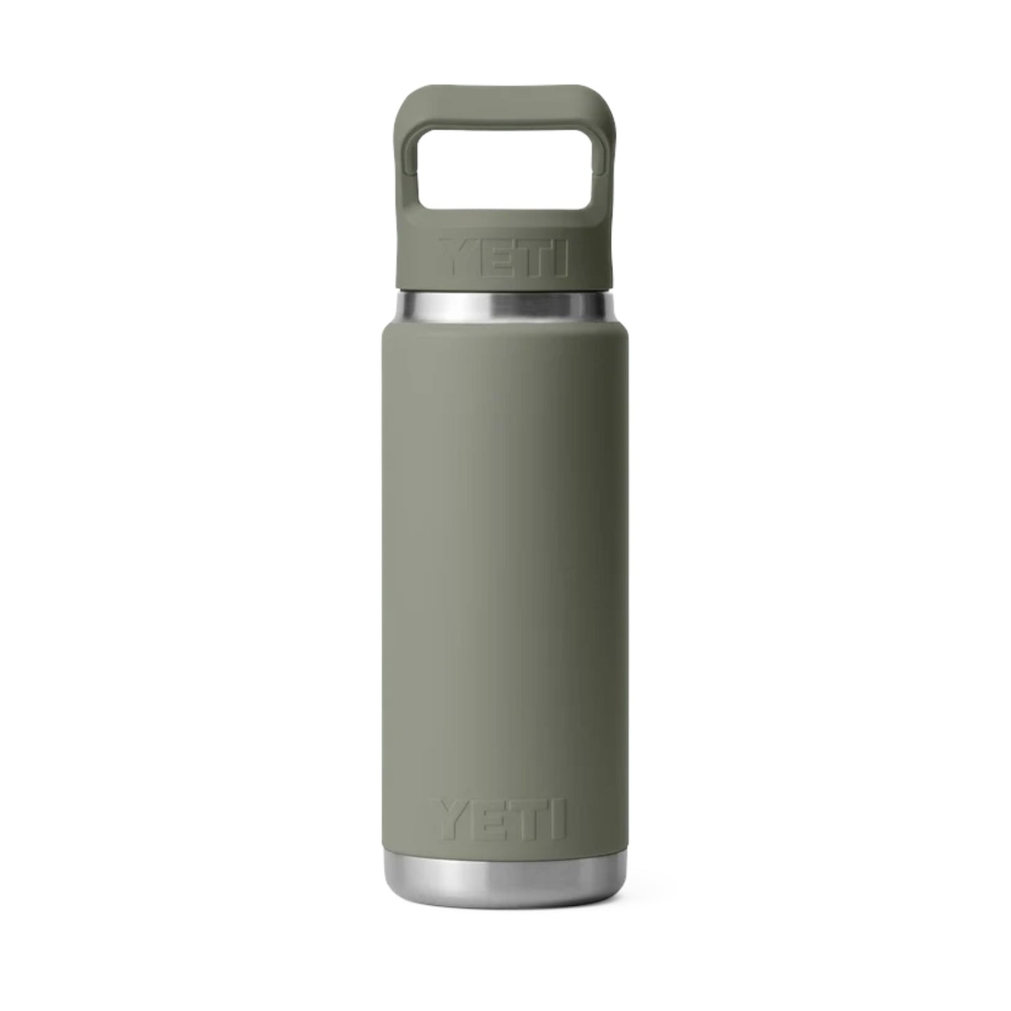 A YETI insulated water bottle in a muted sage green color, featuring a matching green carrying loop lid and a brushed silver stainless steel base, shown against a plain white background.