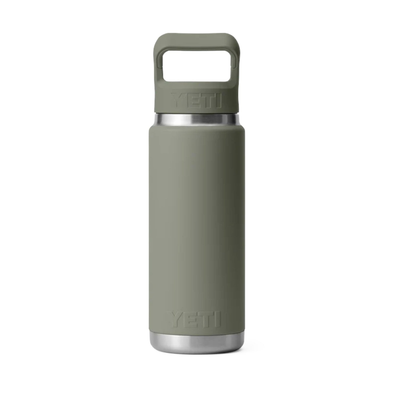 A YETI insulated water bottle in a muted sage green color, featuring a matching green carrying loop lid and a brushed silver stainless steel base, shown against a plain white background.