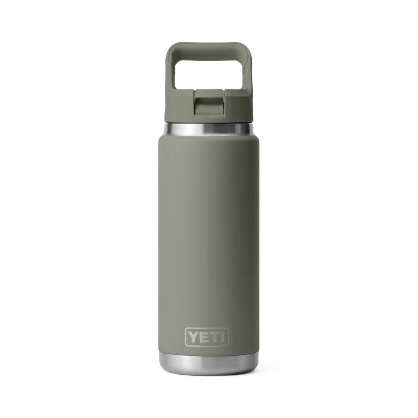 A YETI insulated water bottle in a muted sage green color, featuring a matching green carrying loop lid and a silver stainless steel base, shown on a plain white background.