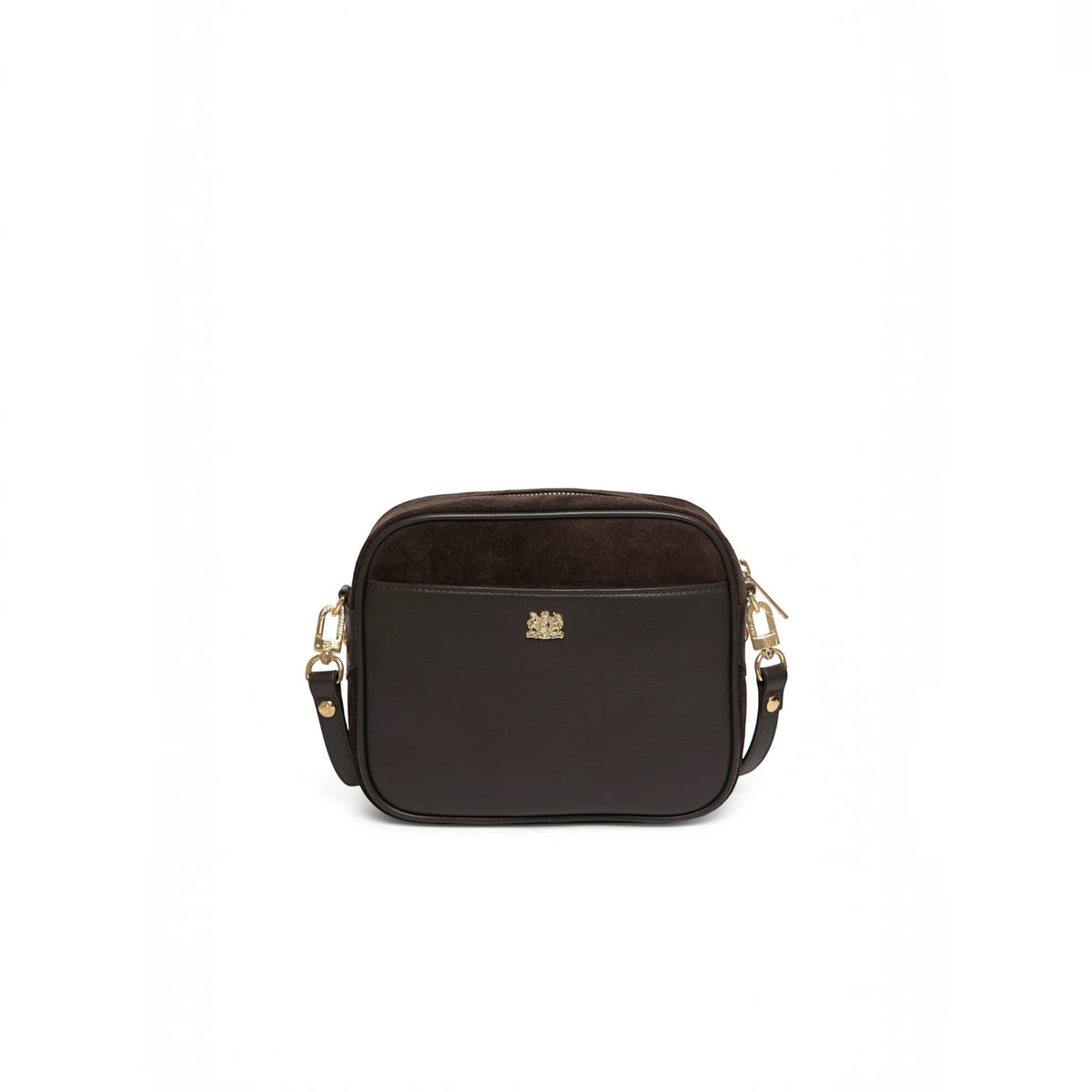 A dark brown crossbody camera bag with a textured dark brown fur lining, gold-tone hardware, and a small gold crest logo on the front, shown against a plain white background.