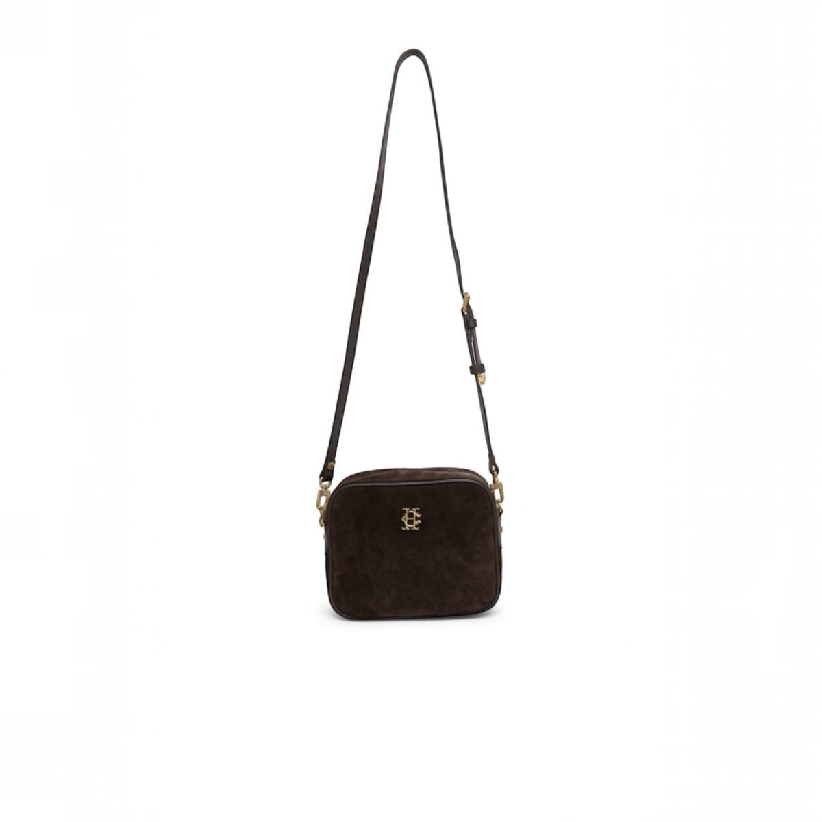 A dark brown suede crossbody bag with a gold-tone 'DS' logo on the front, featuring a slim black shoulder strap with gold hardware, shown against a plain white background.