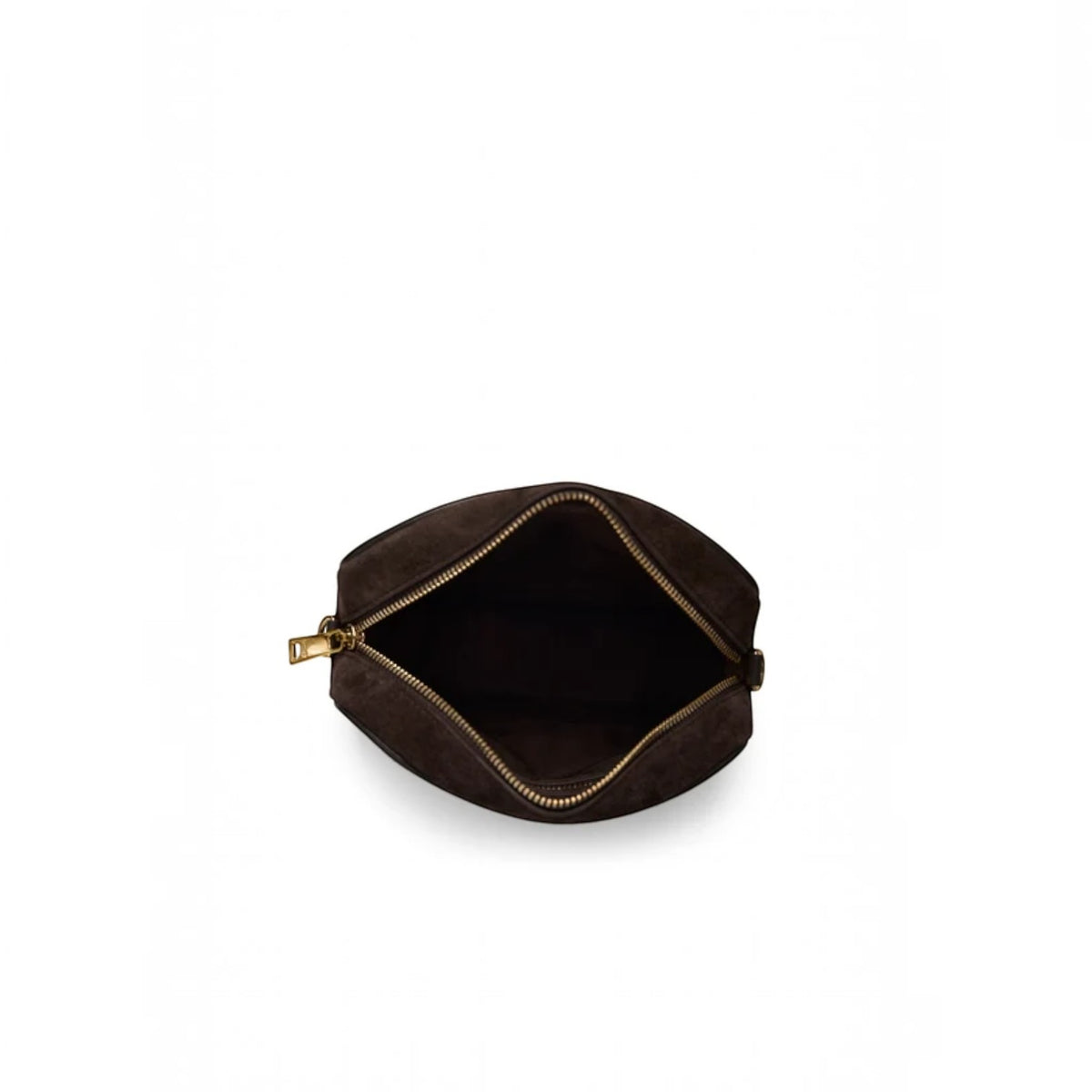 A dark brown suede cosmetic pouch shown from a top-down view, open to reveal a dark interior and accented by gold-tone zipper hardware.