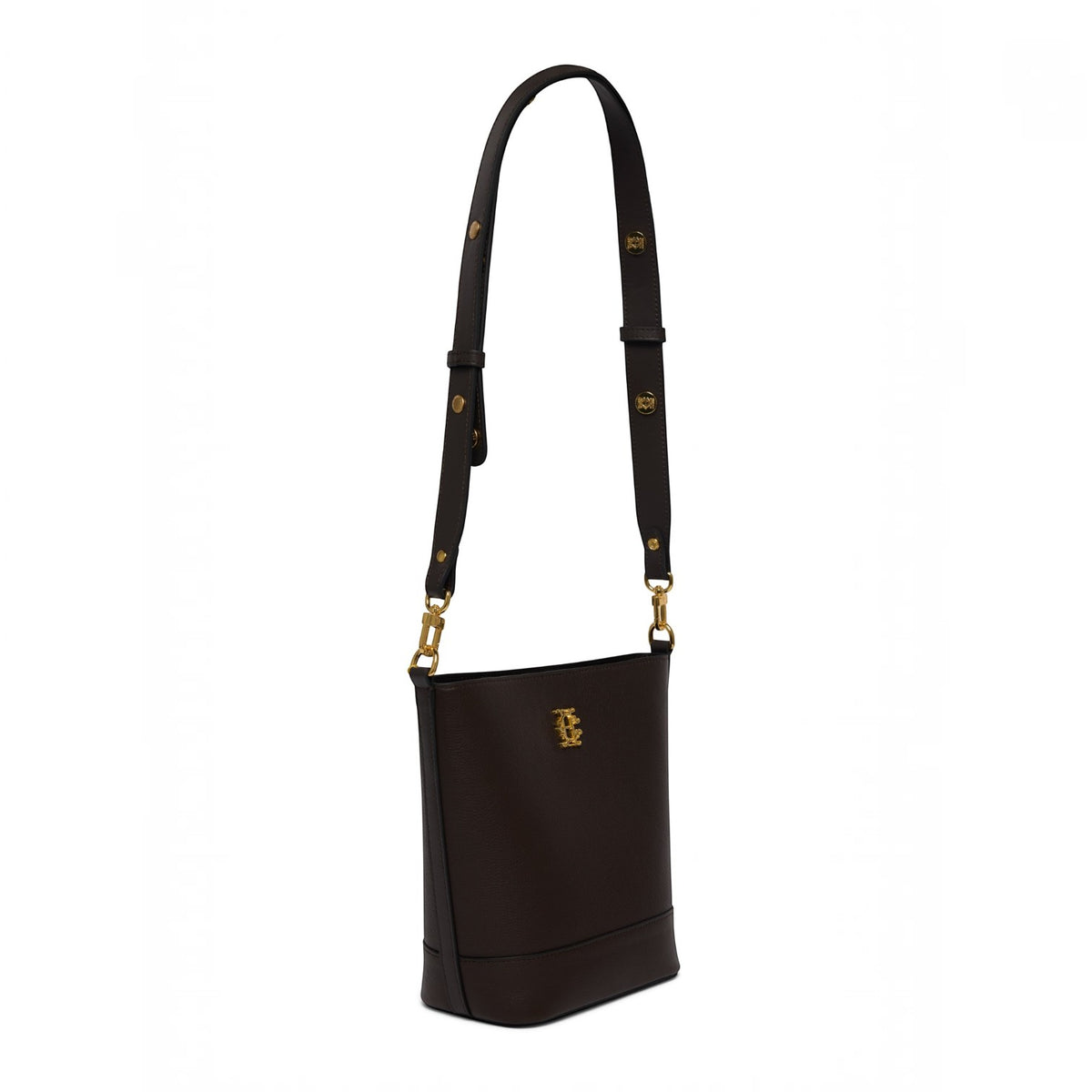 A dark brown leather shoulder bag with a gold-tone 'HC' logo on the front and gold hardware, featuring a matching adjustable shoulder strap with gold logo details, shown against a plain white background.