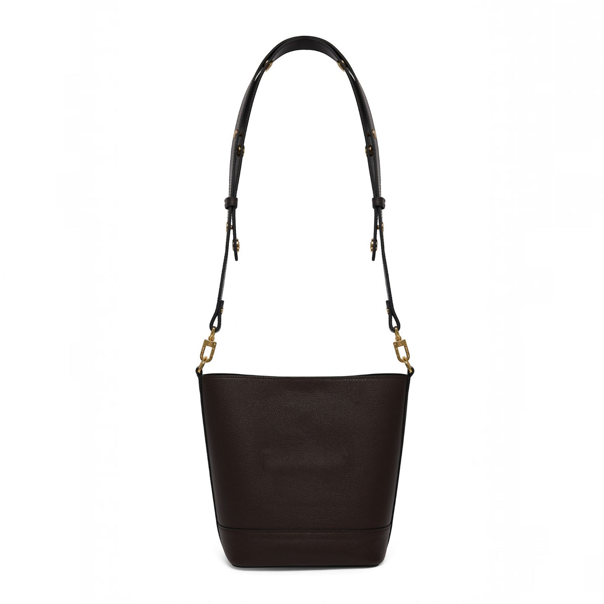 A dark brown leather shoulder bag with a wide body, a long adjustable shoulder strap featuring gold-tone hardware, and gold-tone ring details at the sides, shown against a plain white background.