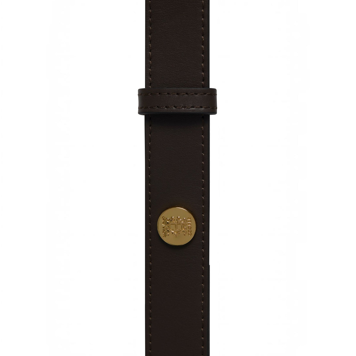A close-up of a dark brown leather belt strap with a round gold-tone metal buckle, shown against a plain white background.