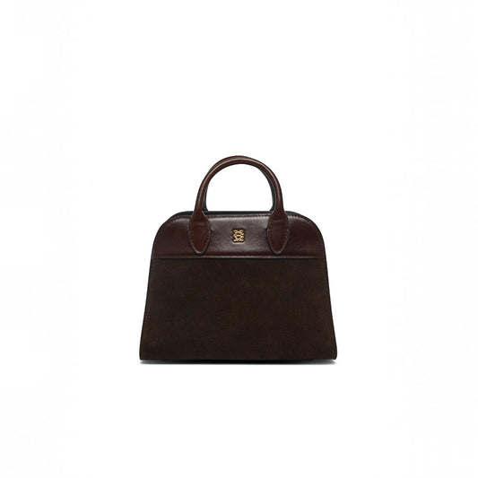 A dark brown leather handbag with a structured dome shape, dual top handles, and a small gold crest logo on the front, set against a plain white background.