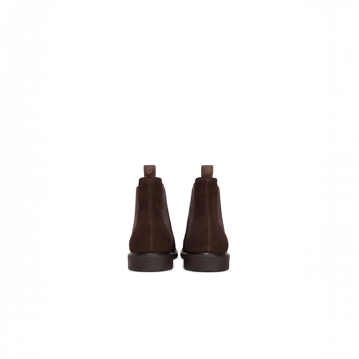 A pair of dark brown suede Chelsea boots shown from the back against a solid white background.