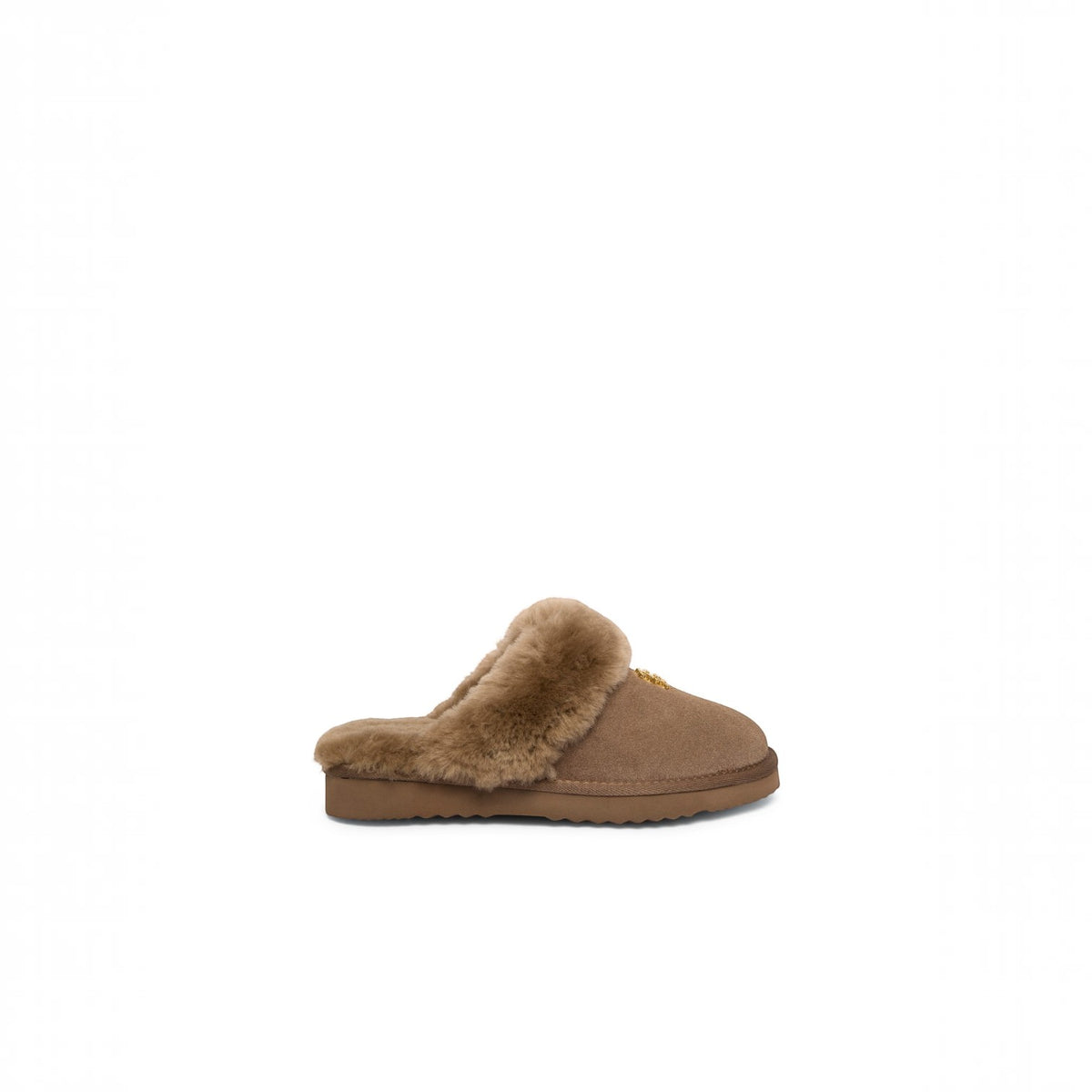 A single brown suede slipper with a fluffy tan shearling lining and a small gold logo on the side, shown against a plain white background.