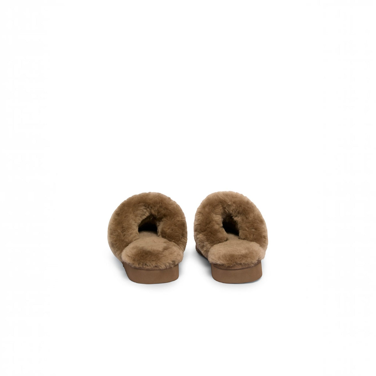 A pair of plush brown slippers with soft faux-fur trim, shown from the back on a clean white background.