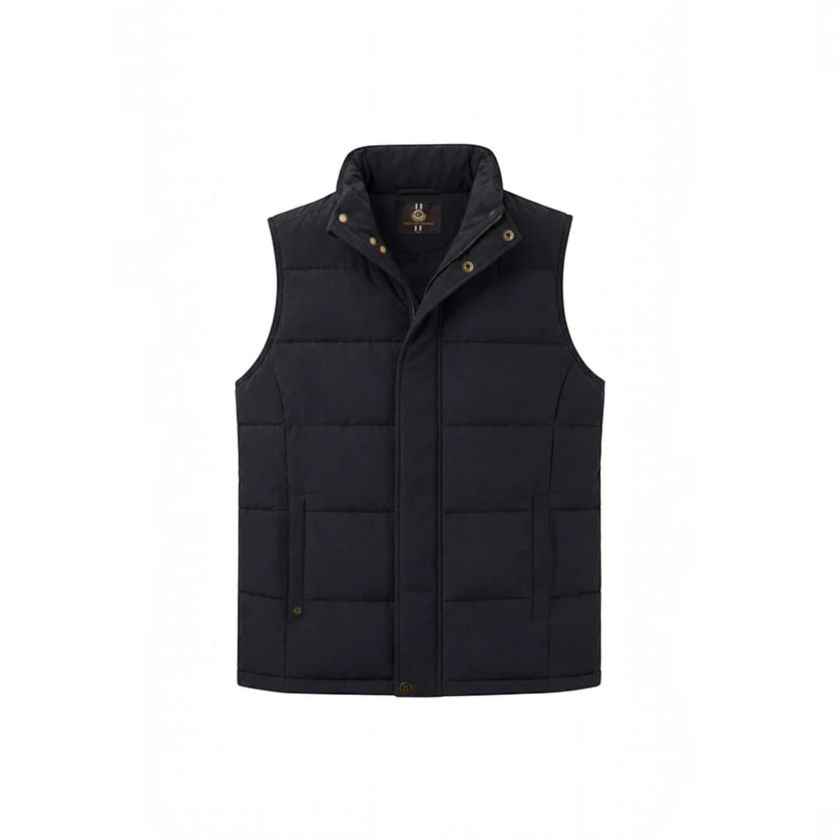 A black quilted puffer vest with a stand-up collar and snap-button front, shown flat against a solid white background.