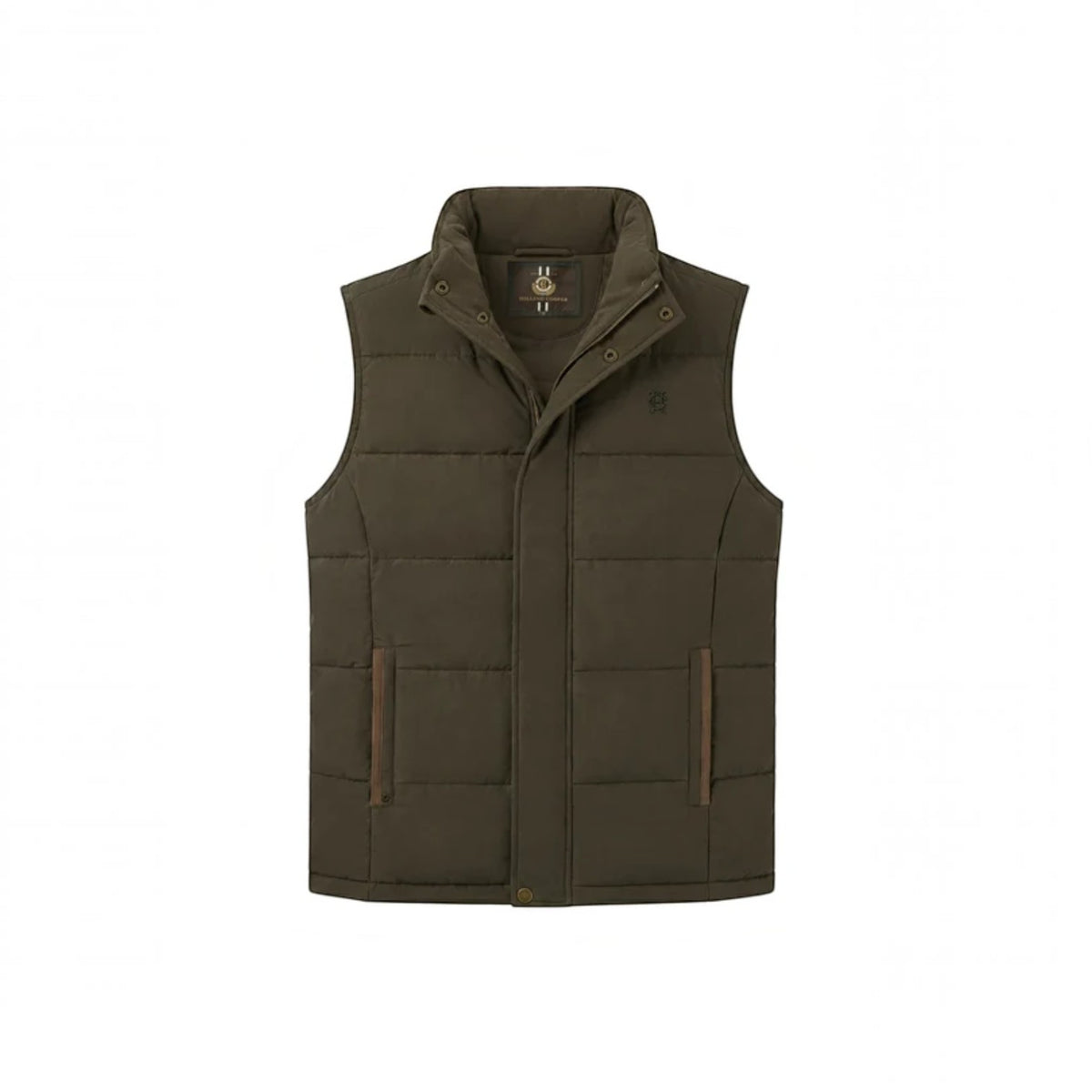 An olive green quilted puffer vest with a stand-up collar and zippered front, shown flat against a plain white background.