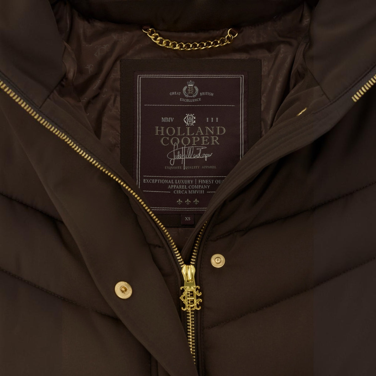 Close up Holland Cooper Chamonix Coat Heraldic Chocolate