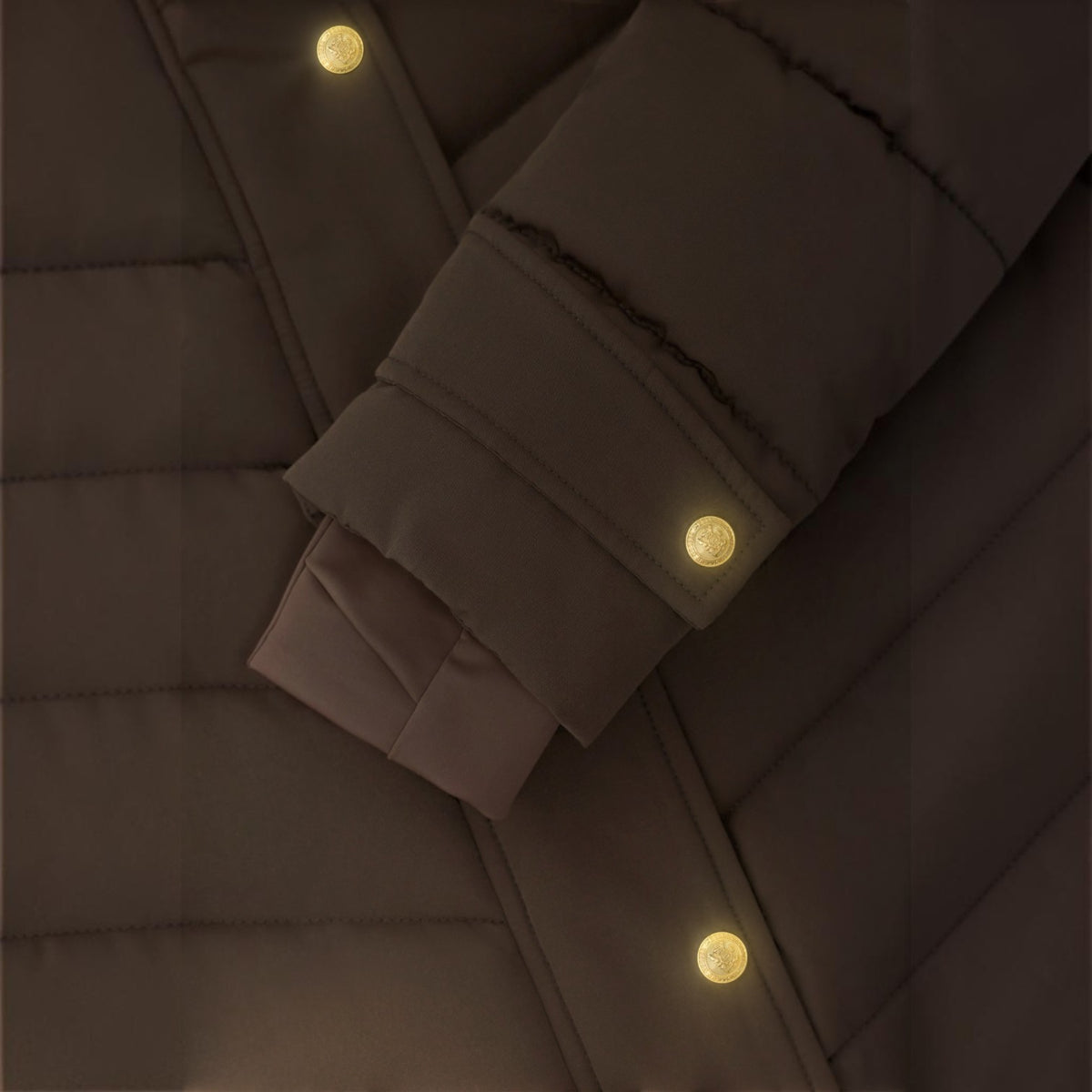 Close-up of a quilted puffer jacket sleeve with a warm glowing button detail, shown in a dark brownish-gray color.