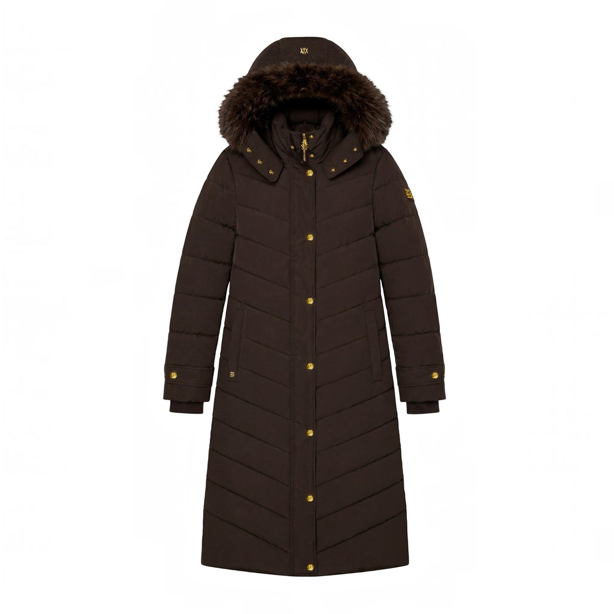 A dark brown hooded puffer coat with a brown faux-fur trimmed hood and gold-tone snap buttons, shown on a plain white background.